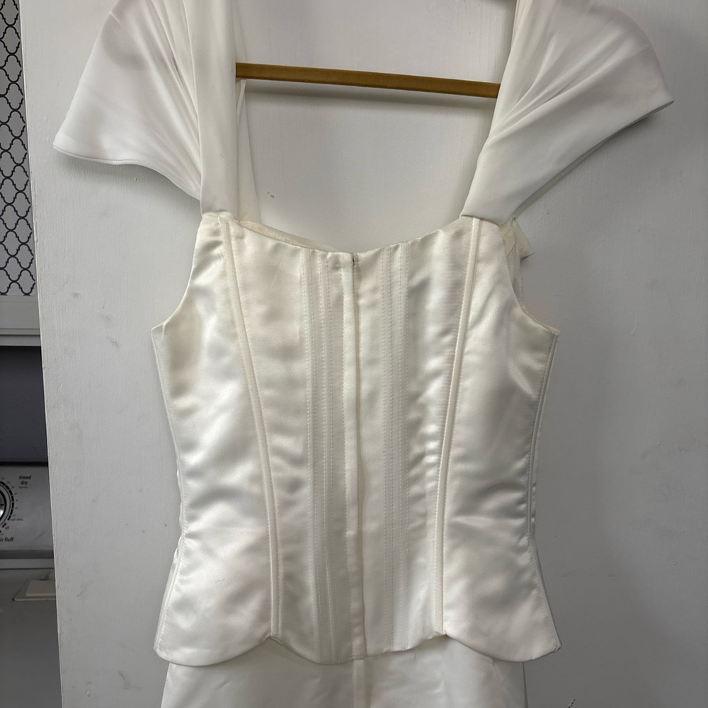 Jessica McClintock Corset Wedding Ivory Gown Strapless Satin Sheer Cap Sleeve 4 - Picture 3 of 14